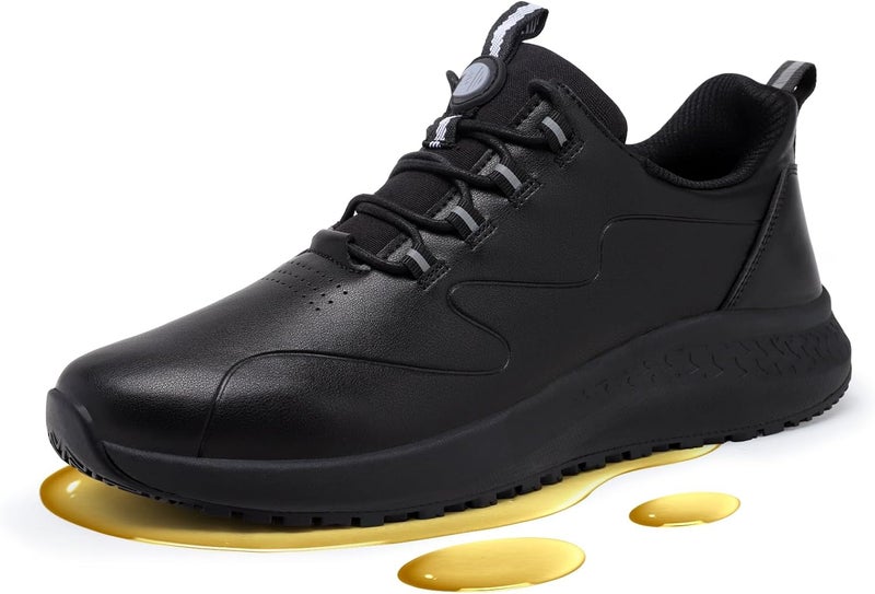 Delobi Store Black Non Slip Work Shoes for Women, Slip-On Waterproof Leather Sneakers for Kitchen Chef Restaurant Food Service Nursing, Comfortable Slip Resistant Walking Shoe Size 6-11 - Image 1